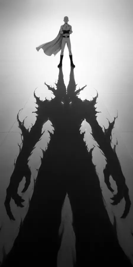 Saitama Standing Over Garou Shadow Monster — ue5 phone wallpaper