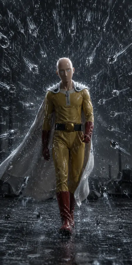 Saitama Walking Heroically In Heavy Rain — ue5 phone wallpaper