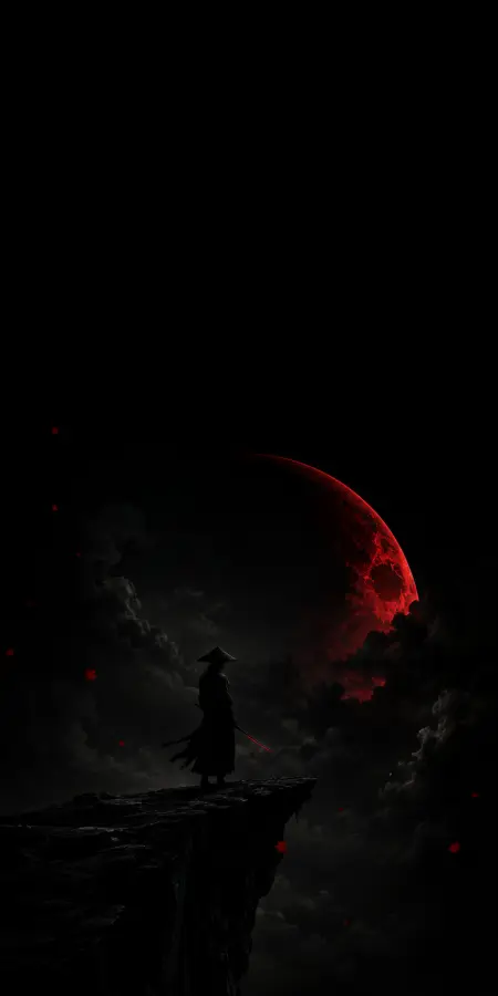 Samurai Silhouette Standing Under Red Moon — iphone wallpapers phone wallpaper