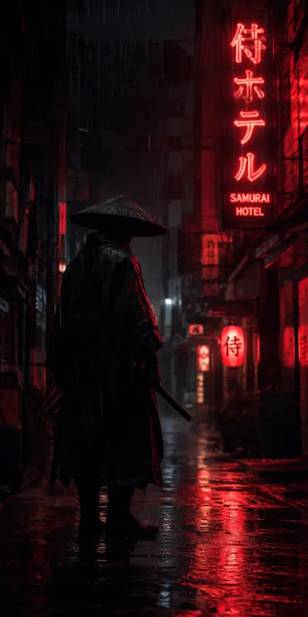 Samurai Standing In Rainy Cyberpunk Street — iphone wallpapers phone wallpaper