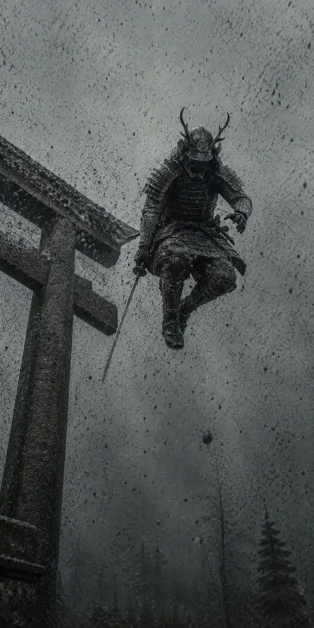 Samurai Warrior Leaping Near Torii Gate — ue5 phone wallpaper