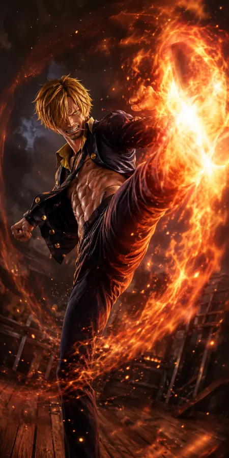 Sanji Performing Powerful Fiery Kick Attack 4K wallpaper for desktop and mobile - Pixbee