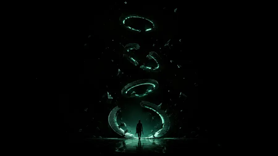 Sci-Fi Portal with Floating Glowing Rings and Silhouette 4K wallpaper for desktop and mobile - Pixbee