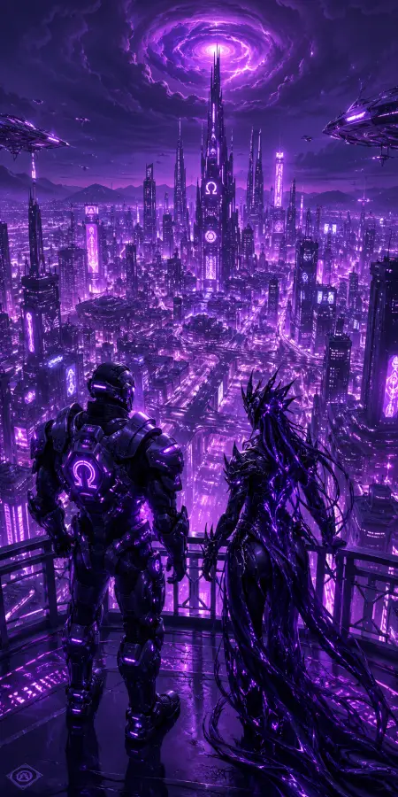 Sci-Fi Warriors Overlooking Glowing Purple Metropolis 4K wallpaper for desktop and mobile - Pixbee