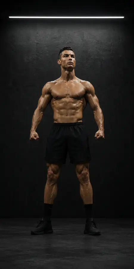 Shirtless Cristiano Ronaldo Standing Confidently In Studio 4K wallpaper for desktop and mobile - Pixbee
