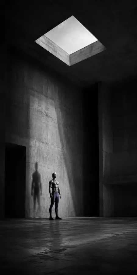 Shirtless Muscular Man Under Skylight Shadow 4K wallpaper for desktop and mobile - Pixbee