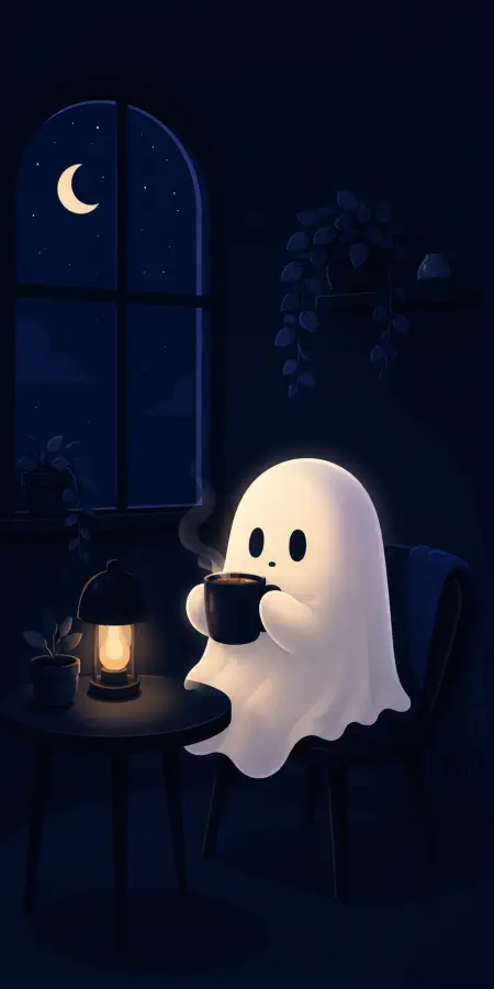 Silent nights, warm sips, peaceful soul 👻☕🌙 4K wallpaper for desktop and mobile - Pixbee