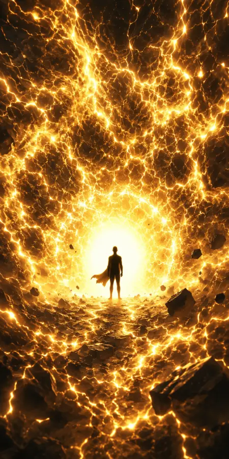Silhouette Standing In Fiery Energy Tunnel — ue5 phone wallpaper