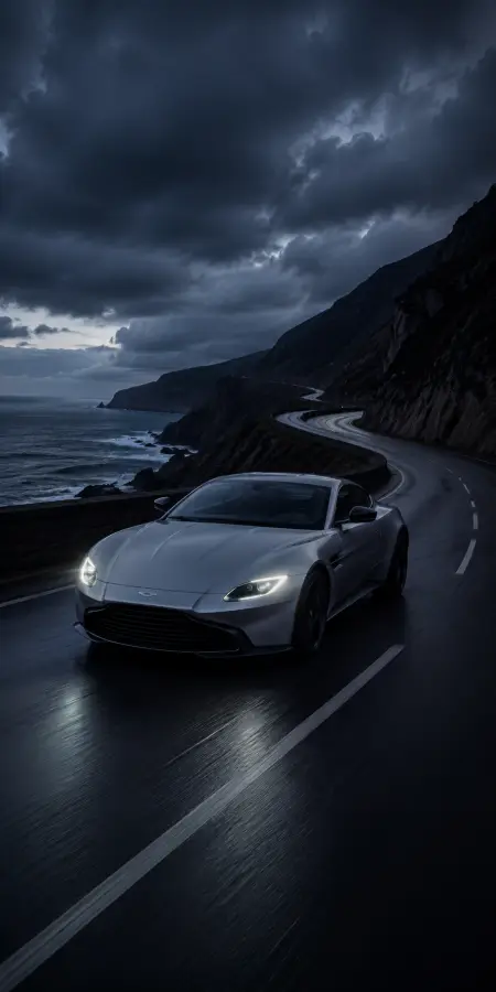 Silver Aston Martin Coastal Highway Sunset — cars phone wallpaper