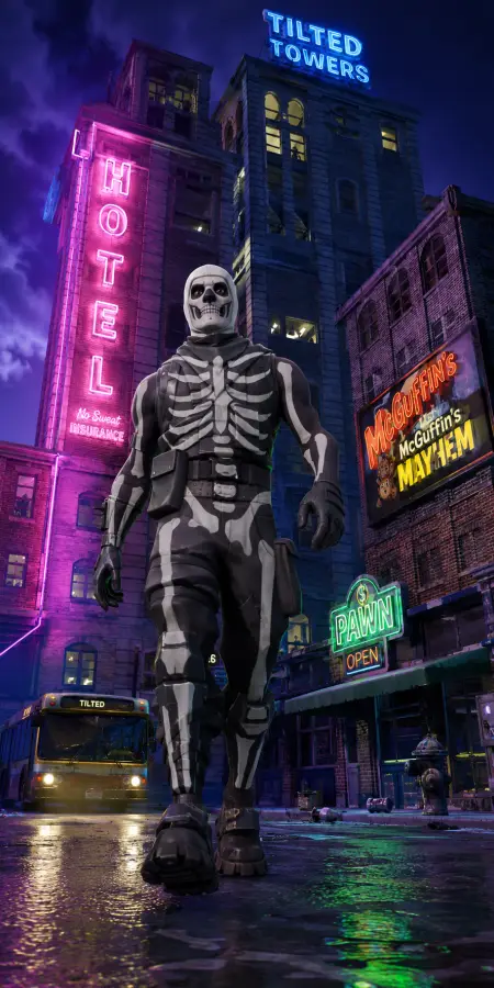 Skull Trooper Walking in Tilted Towers 4K wallpaper for desktop and mobile - Pixbee