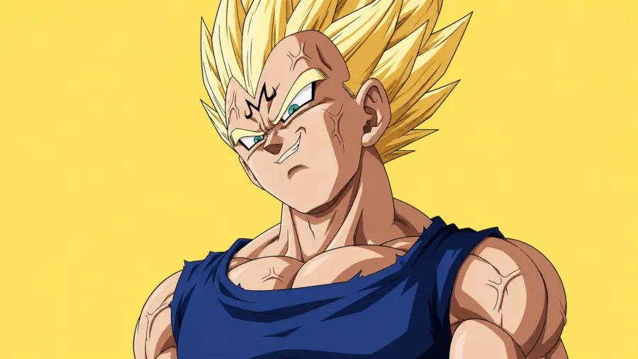 Smirking Majin Vegeta Yellow Background Portrait 4K wallpaper for desktop and mobile - Pixbee
