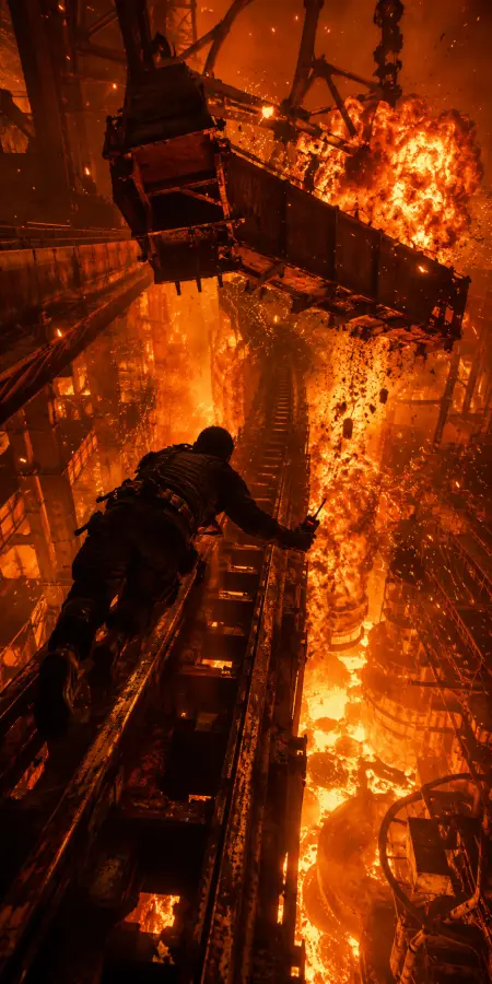 Soldier Crawling Over Industrial Molten Factory Tracks — ue5 phone wallpaper