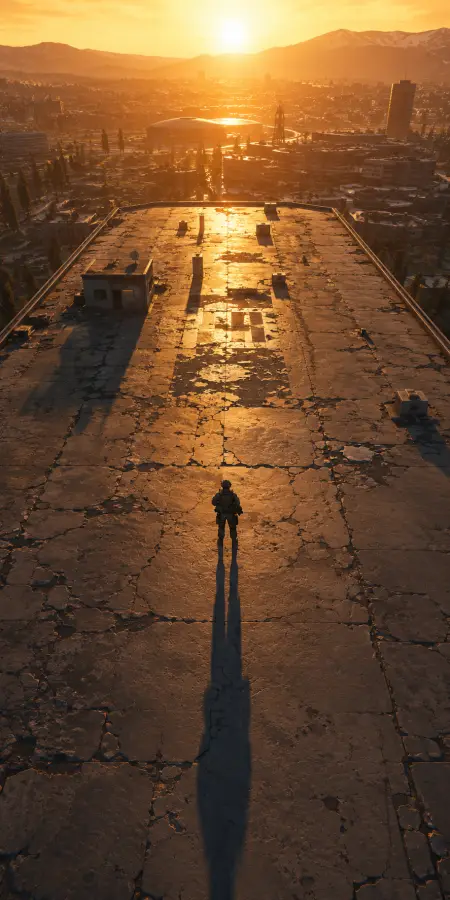 Soldier Standing On Rooftop Sunset View — ue5 phone wallpaper