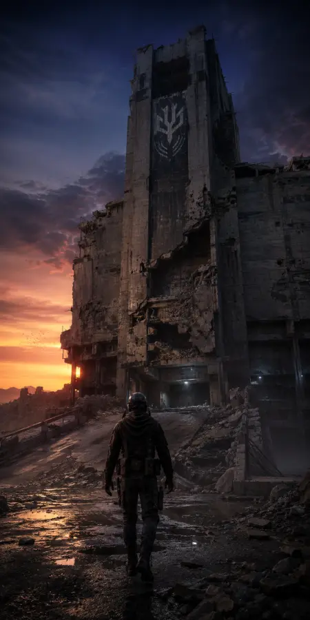 Soldier Walking Towards Ruined Brutalist Fortress — ue5 phone wallpaper