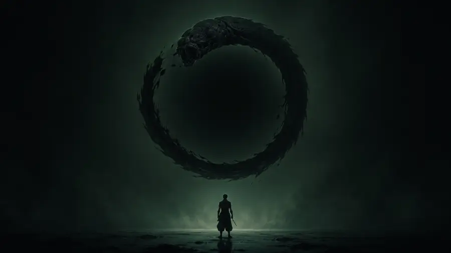 Solitary Figure Facing a Massive Cursed Worm Forming an Ouroboros Ring 4K wallpaper for desktop and mobile - Pixbee
