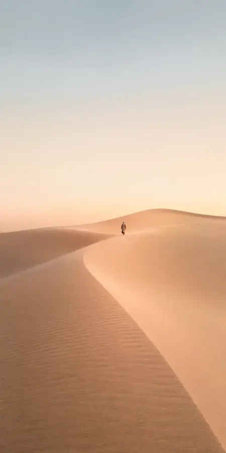 Solo Traveler Walking Across Vast Golden Sand Dunes 4K wallpaper for desktop and mobile - Pixbee