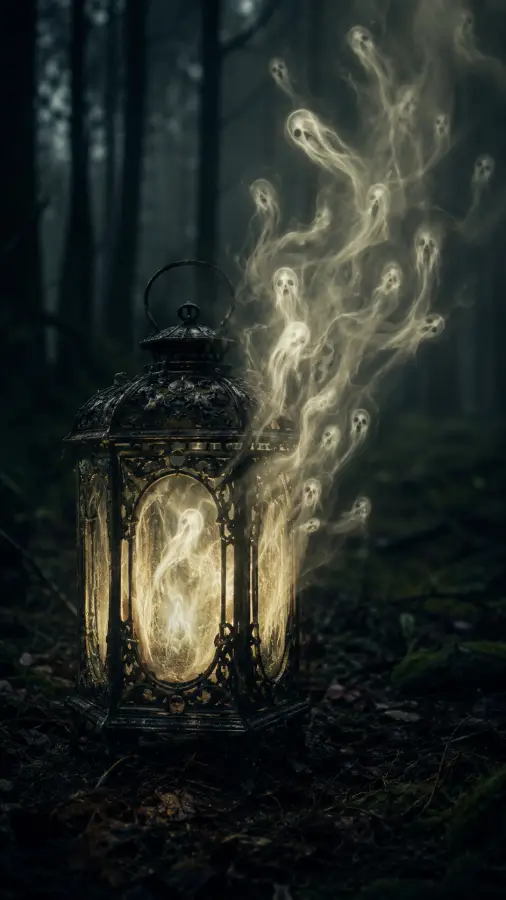 Spooky Glowing Halloween Lantern With Floating Smoke Skulls 4K wallpaper for desktop and mobile - Pixbee