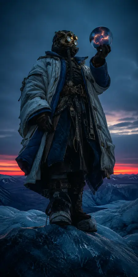 Steampunk Explorer Holding Glowing Cosmic Orb — ue5 phone wallpaper