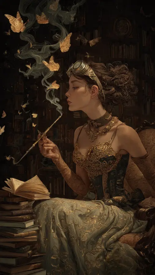 Steampunk Library Enchantress 4K wallpaper for desktop and mobile - Pixbee