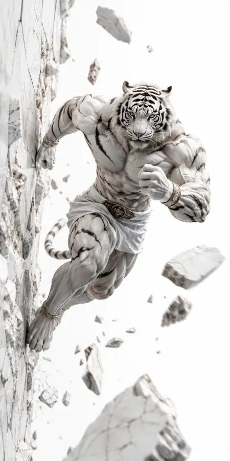 Strong Muscular White Tiger Breaking Marble Wall 4K wallpaper for desktop and mobile - Pixbee