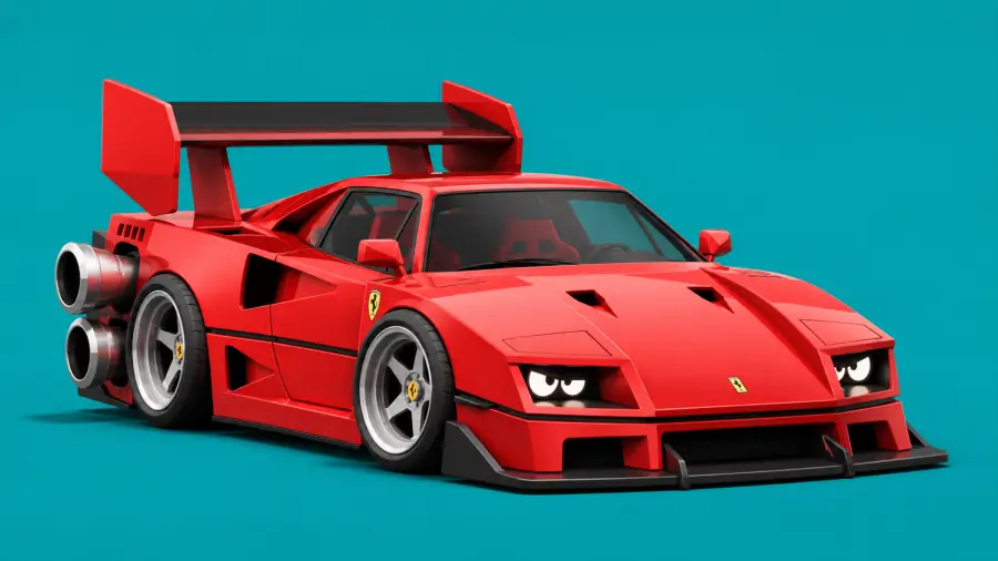 Stylized Red Ferrari F40 Racing Car with Giant Rocket Thruster Exhausts 4K wallpaper for desktop and mobile - Pixbee