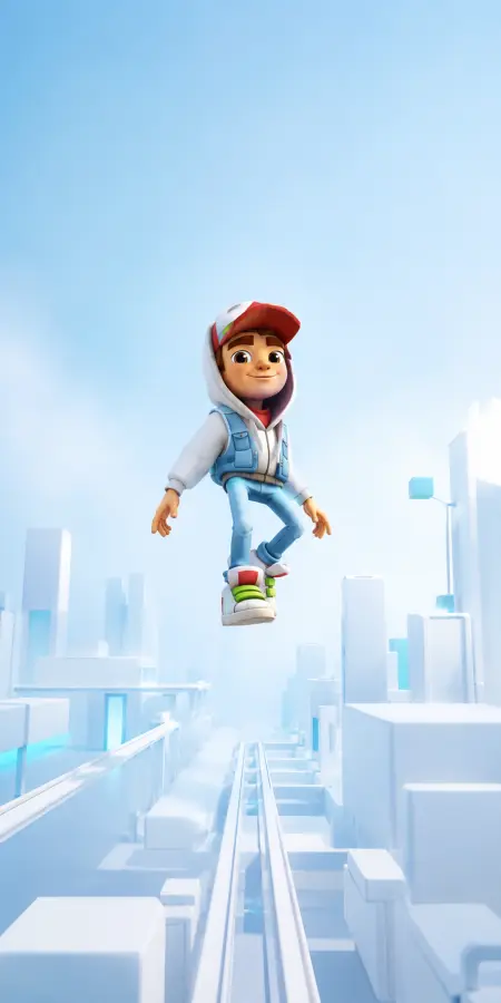 Subway Surfer Character Levitating Above White City 4K wallpaper for desktop and mobile - Pixbee