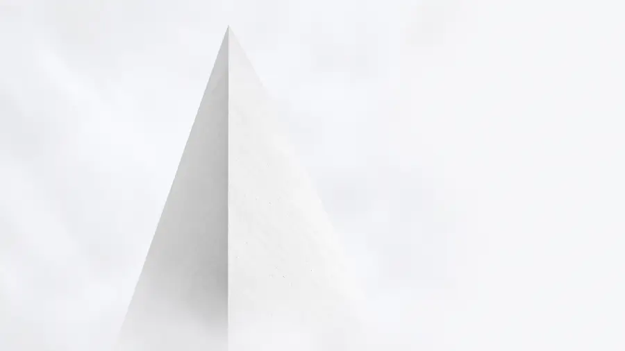 Symmetrical Low Angle View of a High Tech White Triangular Pyramid Piercing the Fog 4K wallpaper for desktop and mobile - Pixbee