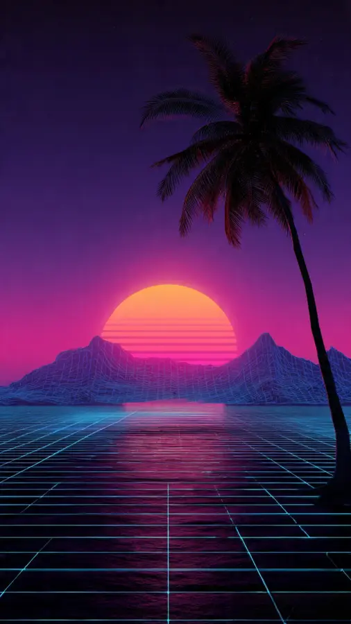 Synthwave Sunset with Palm and Neon Grid 4K wallpaper for desktop and mobile - Pixbee
