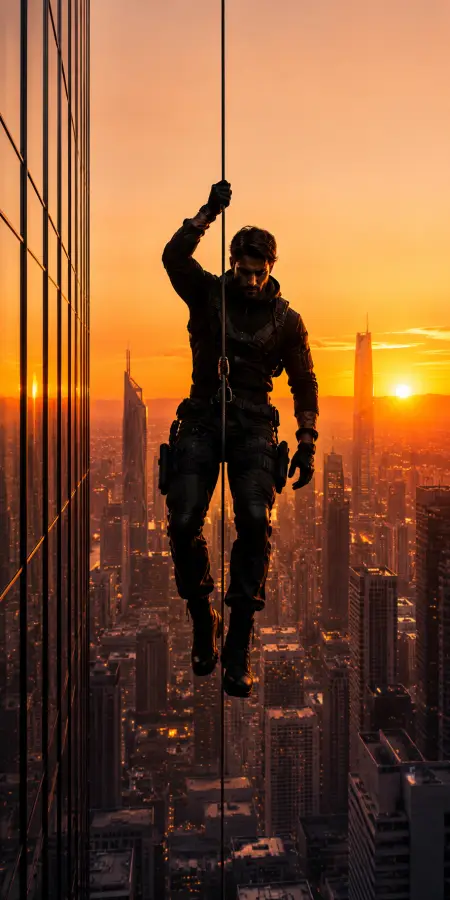 Tactical Agent Rappelling Down Skyscraper Sunset — ue5 phone wallpaper