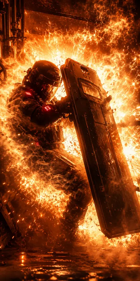 Tactical Soldier Holding Shield In Fiery Explosion — ue5 phone wallpaper
