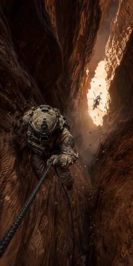 Tactical Soldier Rappelling Down Deep Desert Canyon — ue5 phone wallpaper