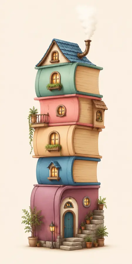 Tall Stacked Colorful Book House Tower Wallpaper 4K wallpaper for desktop and mobile - Pixbee