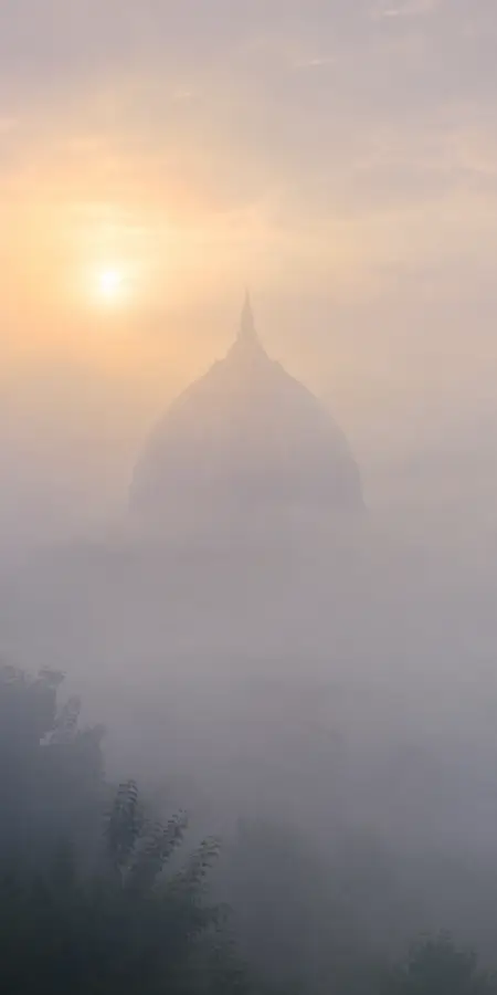 Temple Dome Silhouetted In Misty Sunrise — islamic wallpaper phone wallpaper