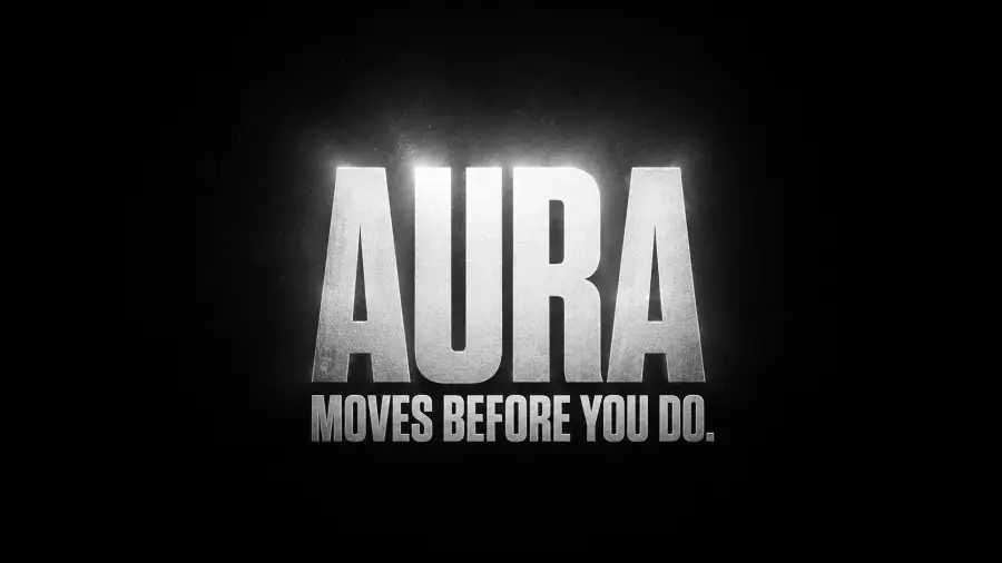 Textured Metallic Typography Reading Aura Moves Before You Do Against a Solid Black Backdrop 4K wallpaper for desktop and mobile - Pixbee