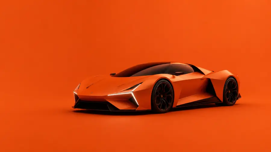 Three Quarter Studio Shot of an Orange Angular Electric Supercar Concept 4K wallpaper for desktop and mobile - Pixbee