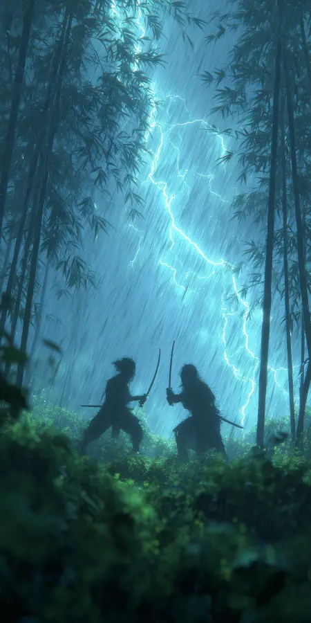 Thunderstorm Samurai Sword Duel 4K wallpaper for desktop and mobile - Pixbee