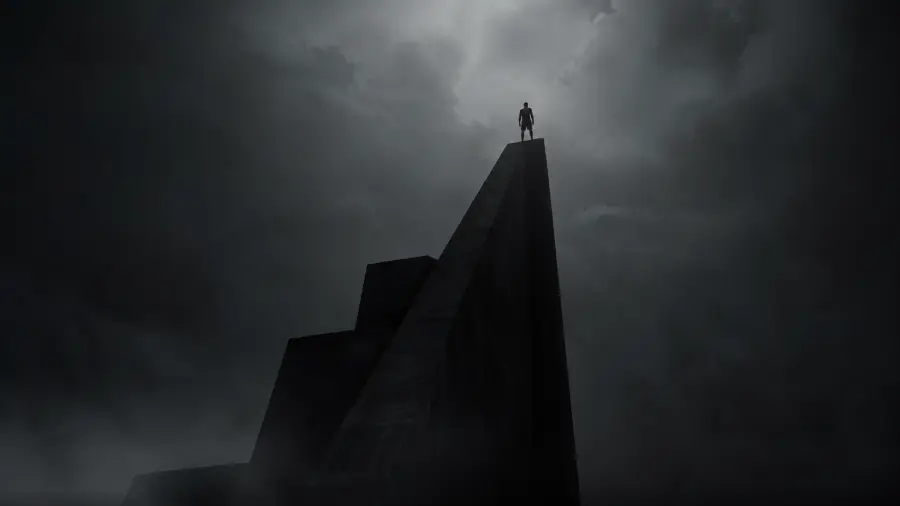 Tiny Silhouette of an Athlete Standing on the Peak of a Monolithic Spire 4K wallpaper for desktop and mobile - Pixbee