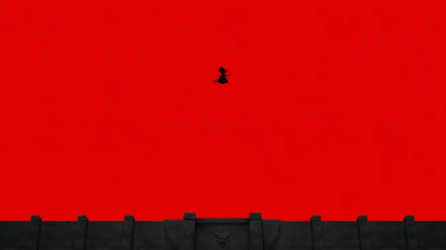 Tiny Silhouette of Kid Goku Riding Nimbus Over a Dark Stone Fortress Wall 4K wallpaper for desktop and mobile - Pixbee
