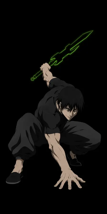 Toji Fushiguro Glowing Green Spear Crouching Stance 4K wallpaper for desktop and mobile - Pixbee