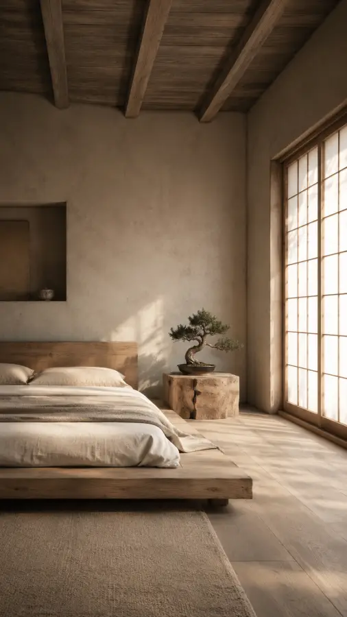 Traditional Japanese Wabi Sabi Inspired Bedroom 4K wallpaper for desktop and mobile - Pixbee