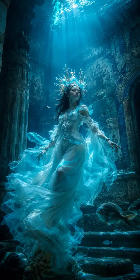 Underwater Water Goddess In Flowing Gown — ue5 phone wallpaper