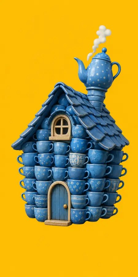 Unique Blue Ceramic Teacup House Yellow Background 4K wallpaper for desktop and mobile - Pixbee
