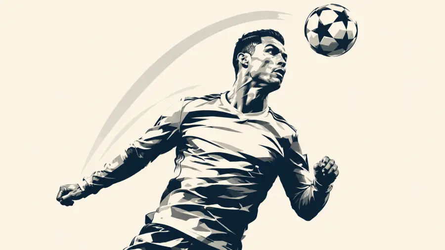 Vector Illustration of Cristiano Ronaldo Eyeing a Star-Patterned Football for a Header 4K wallpaper for desktop and mobile - Pixbee