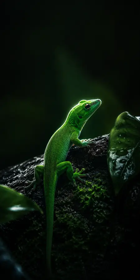 Vibrant Green Gecko On Dark Wood — animals phone wallpaper