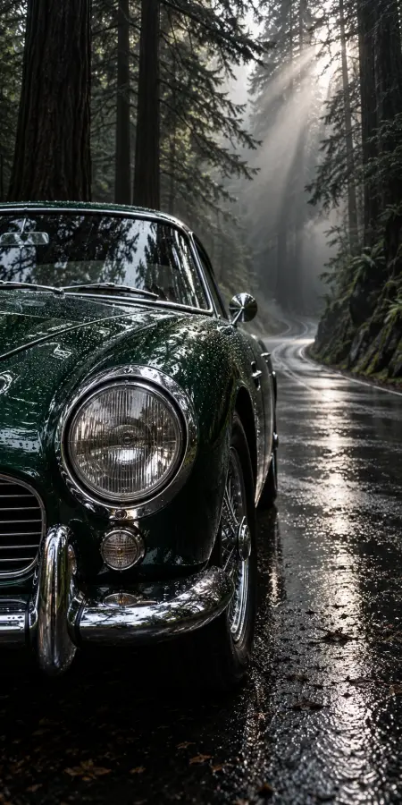 Vintage Green Sports Car Rainy Forest — iphone 18 pro max phone wallpaper
