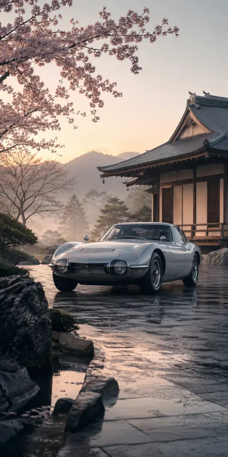 “Where timeless engineering meets peaceful mornings. 🌸🚘” 4K wallpaper for desktop and mobile - Pixbee