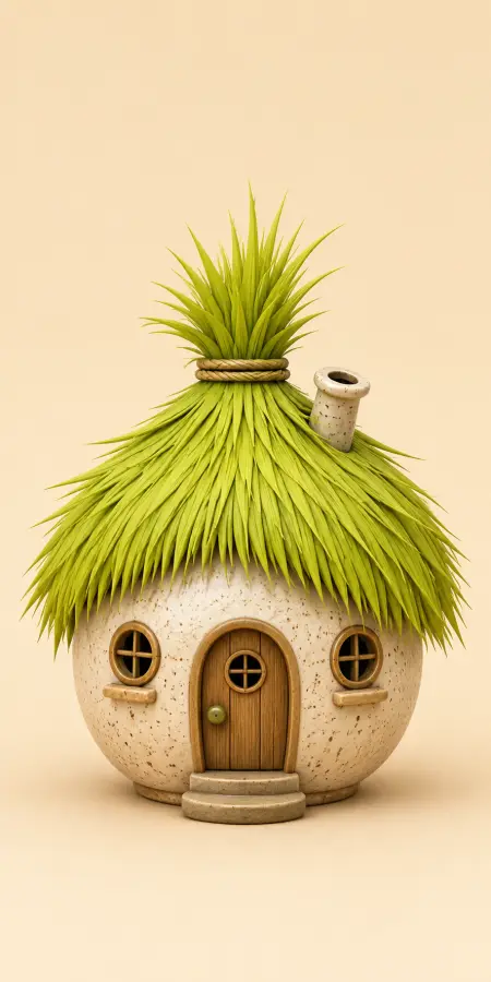 Whimsical Round Grass Roof House Miniature Fantasy 4K wallpaper for desktop and mobile - Pixbee