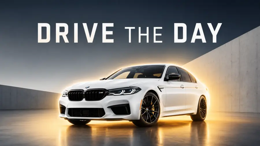 White BMW Sedan Lit by a Golden Warm Backlight Halo Under Bold White Drive The Day Text 4K wallpaper for desktop and mobile - Pixbee