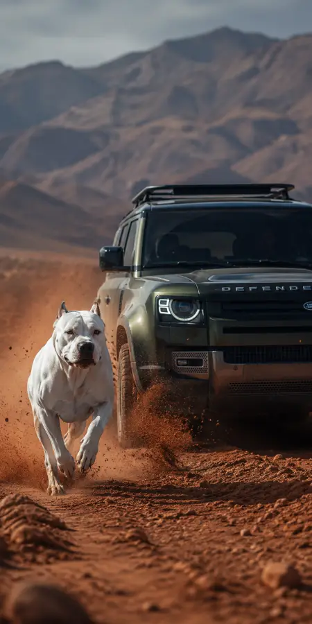 White Dog Running Before Land Rover — cars phone wallpaper