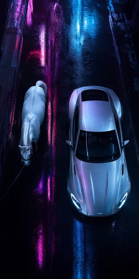 White Horse And Aston Martin Neon Street — cars phone wallpaper